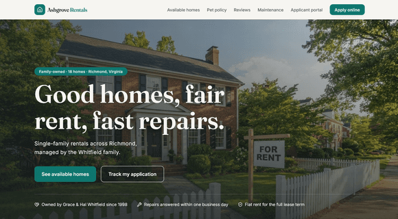 Rental property website template homepage