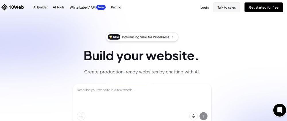 Screenshot of 10Web’s homepage