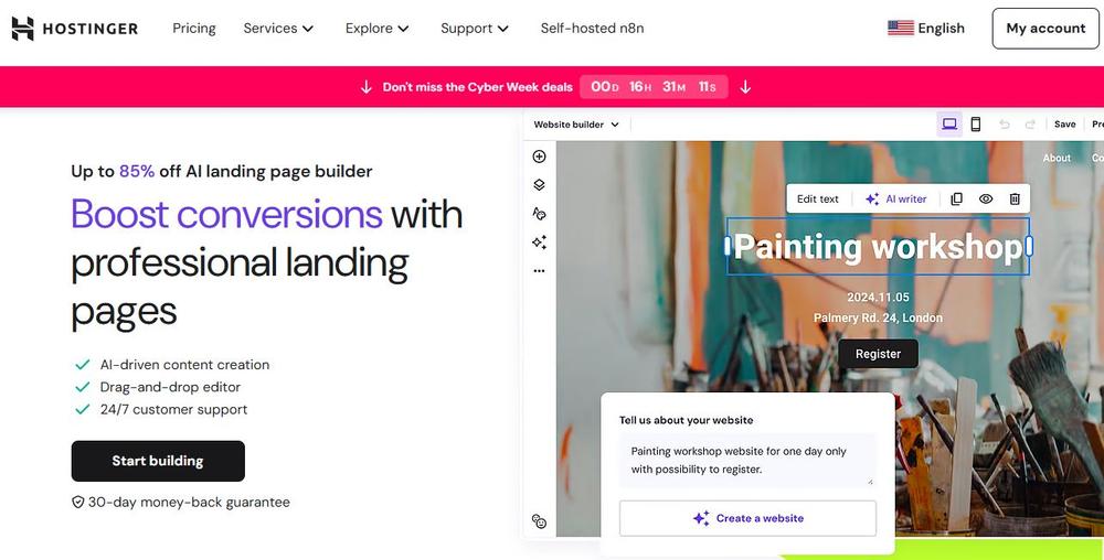Screenshot of Hostinger AI landing page builder’s homepage