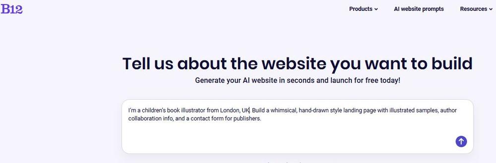 Screenshot of B12’s homepage showing a business description entered to generate a website with AI.