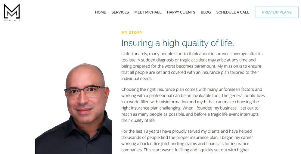 Screenshot of Michael Melle Insurance Group’s “My Story” page