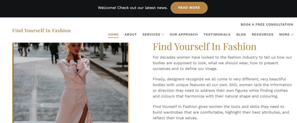 Screenshot of Find Yourself in Fashion’s sticky banner